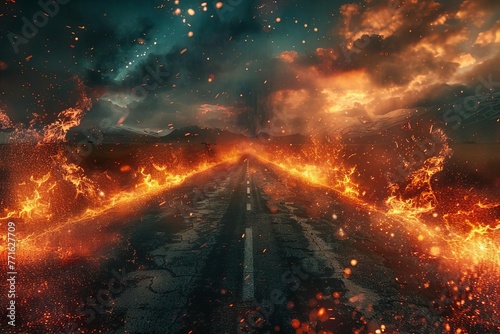 An asphalt road ablaze with fiery flames and sparks in a desolate wasteland, digital art