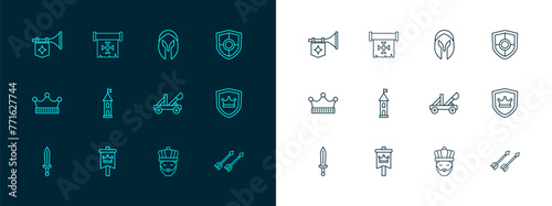 Set line Shield, Medieval flag, catapult, King with crown, Castle tower, helmet, Trumpet and Crusade icon. Vector