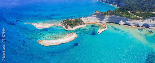 Ionian islands of Greece Corfu. Panoramic aerial view of stunning Cape Drastis - natural beuty landscape with white rocks and turquoise waters, north of the island