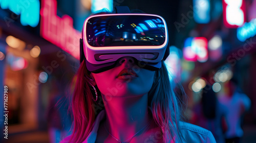 Young woman using glasses of virtual reality on colorful room background.