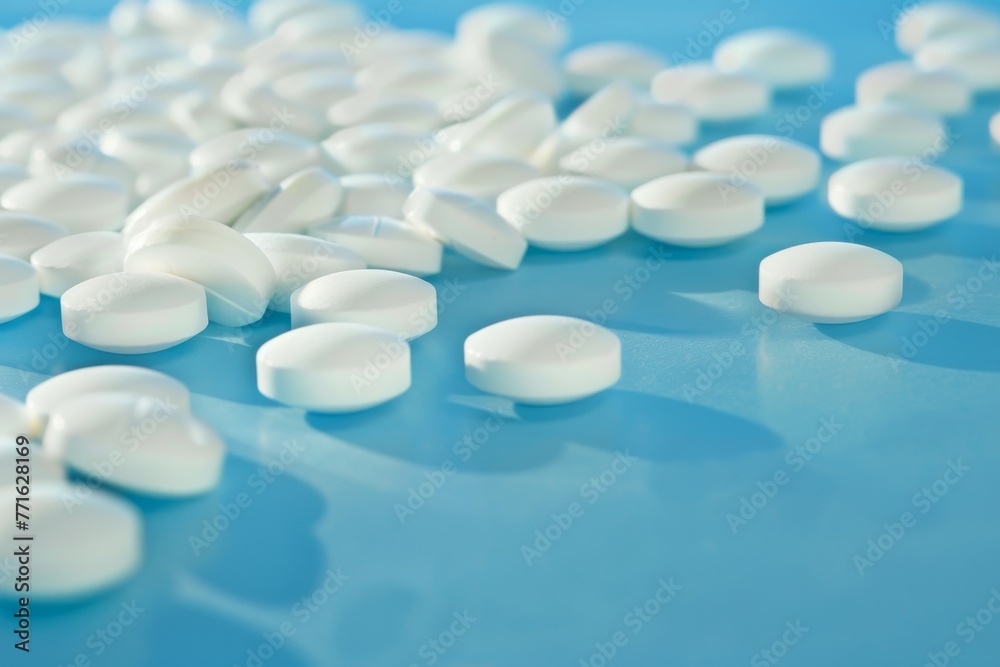 Blue Table Covered With White Pills Blue Table Covered With White Pills