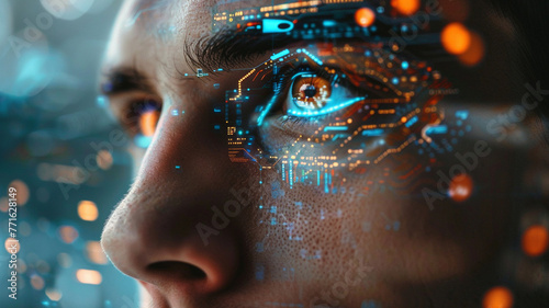 Wallpaper Mural Close-up of a human eye with integrated circuit board patterns. close-up of a man's face with integrated artificial intelligence Torontodigital.ca