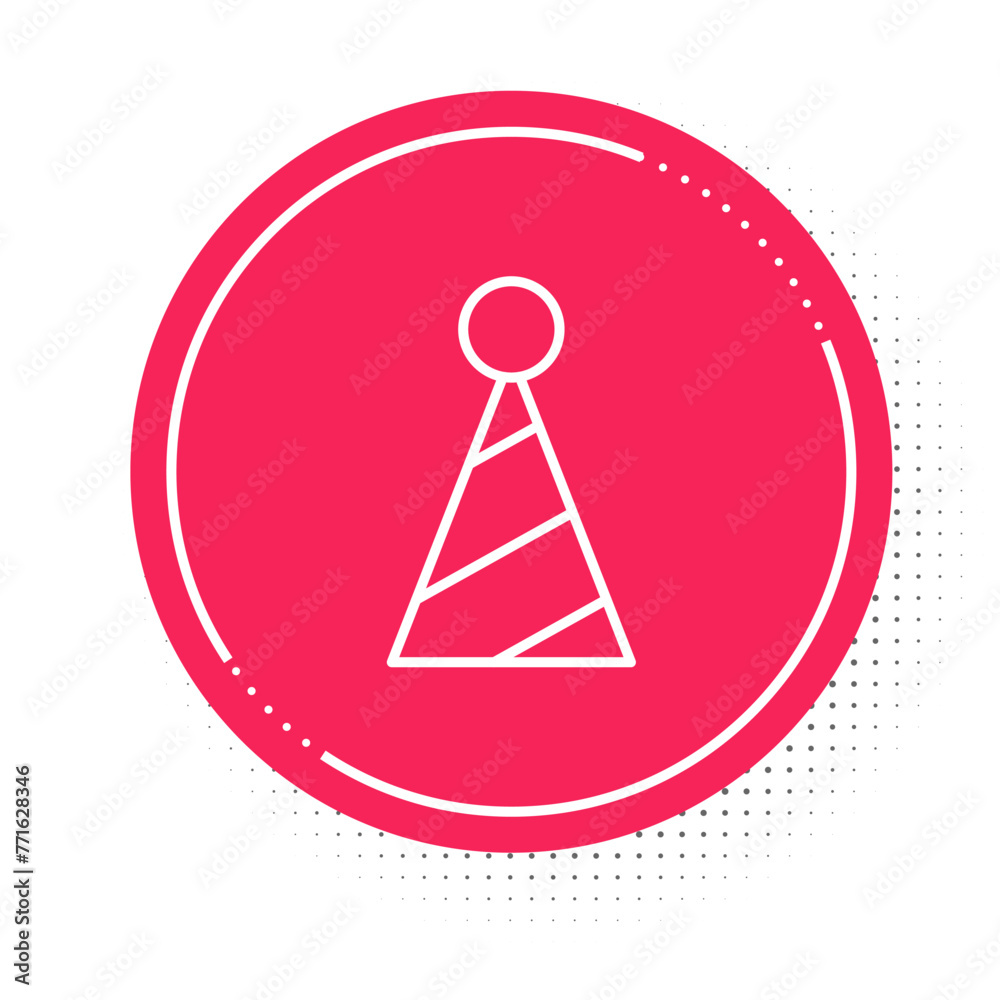 White line Party hat icon isolated on white background. Birthday hat. Red circle button. Vector White line Party hat icon isolated on white background. Birthday hat. Red circle button. Vector