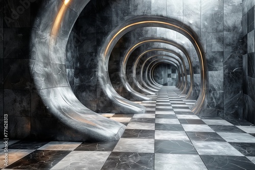 Futuristic tunnel design merges marble textures and gold elements to create a sense of luxury and infinity