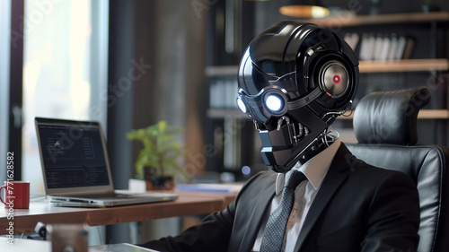 a robot in the office. A robot in a business suit works at a desk in the office. The boss is a robot. The black robot