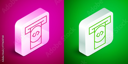 Isometric line ATM - Automated teller machine and money icon isolated on pink and green background. Silver square button. Vector