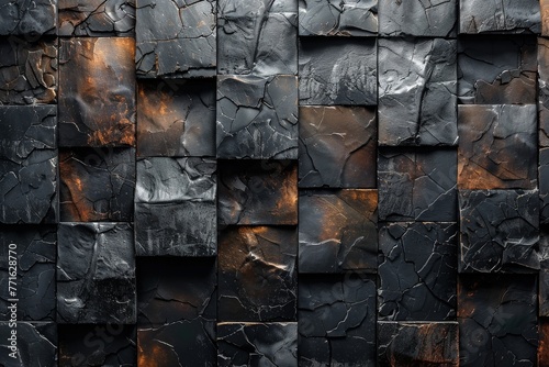 Image depicts an uneven, charred texture on a wall of 3D cubes, combining shades of black and rustic orange