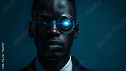 Studio photo of man cyborg, half face computer elements. An android man in a suit