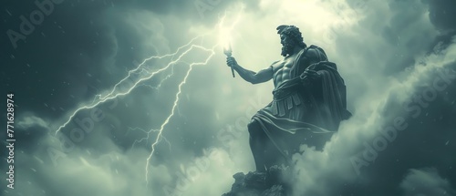 Zeus atop Mount Olympus lightning bolt in hand thunderclouds swirling around him asserting his dominion