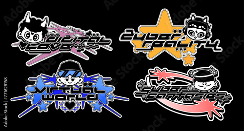 Retro Y2K logo. Abstract colorful graphic with cyber characters, streetwear t-shirt slogan typography style logo. Vector set