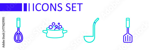 Set line Spatula, Kitchen ladle, Cooking pot and whisk icon. Vector