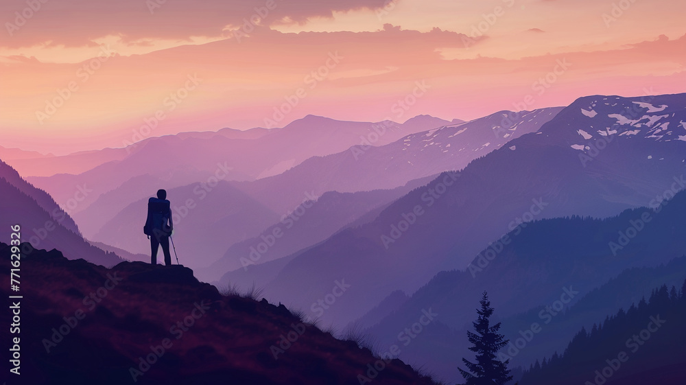 a lone tourist with a backpack on a mountain peak against the background of a purple sunset. A mountain panorama and a tourist at the top. Sunset in the mountains. overcoming difficulties