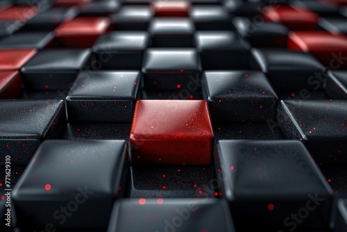 A striking red key draws attention on a black keyboard, symbolizing uniqueness amid uniformity and individuality concepts photo