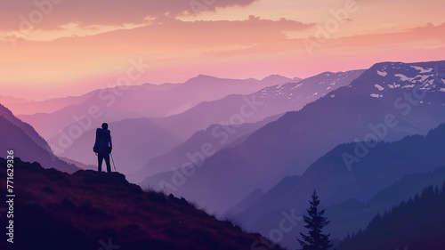 a lone tourist with a backpack on a mountain peak against the background of a purple sunset. A mountain panorama and a tourist at the top. Sunset in the mountains. overcoming difficulties © MariКа
