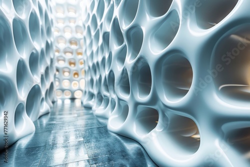An image showcasing a futuristic, sci-fi inspired corridor with flowing organic designs on the sidewalls, illuminated by a soft blue light photo