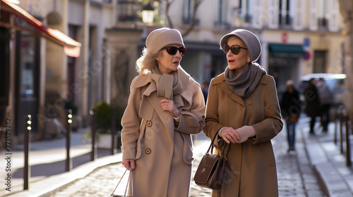 two elderly respectable women are walking along the street of a European city in autumn or spring. stylish luxury grandmothers in beige coats. quiet luxury photo