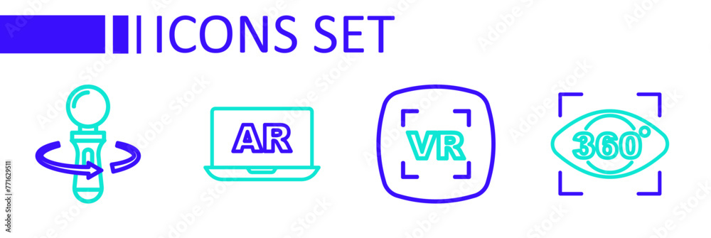 Set line 360 degree view, Virtual reality, Augmented AR and VR controller game icon. Vector