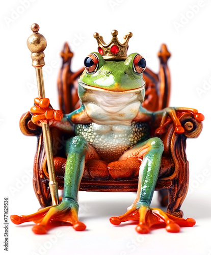 A fairy-tale frog in a crown, on a throne, with a scepter