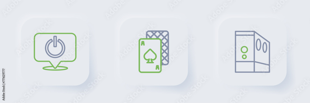 Set line Case of computer, Playing cards and Power button icon. Vector Set line Case of computer, Playing cards and Power button icon. Vector