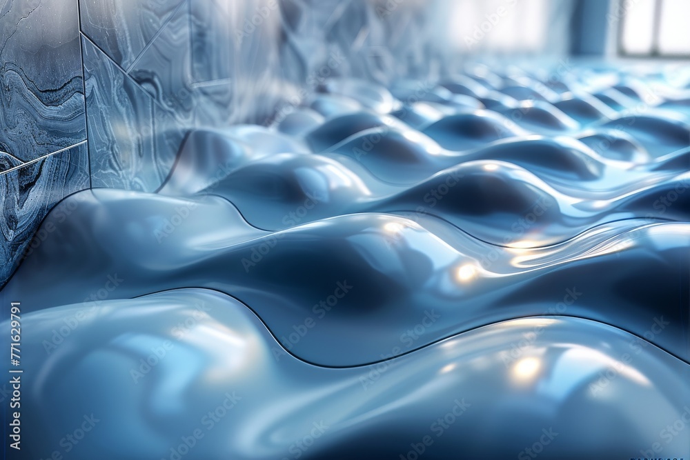 Fototapeta premium Image showcases smooth curving surfaces in a blue-lit space, giving a sense of calm and futuristic design
