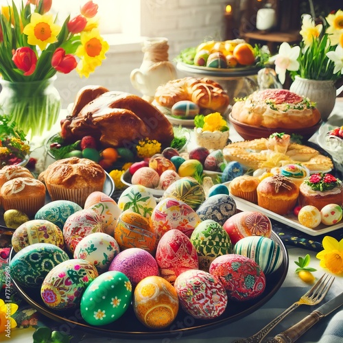 A festive Easter table brimming with various foods, in the center of which are several elaborately decorated Easter eggs. 