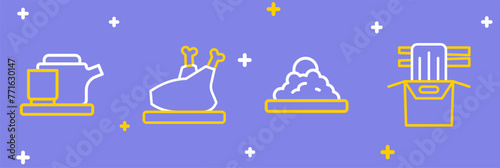 Set line Asian noodles in paper box, Rice bowl, Roasted turkey or chicken and Traditional tea ceremony icon. Vector