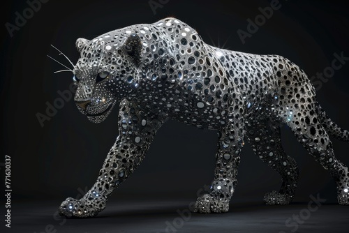 A Leopard sculpted from glistening diamonds, showcasing intricate details and shimmering facets