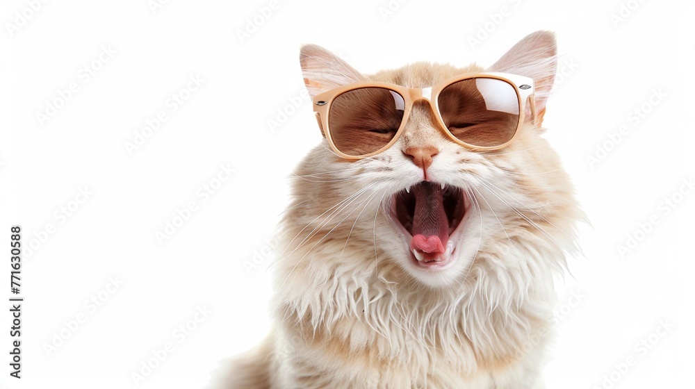 funny laughing sitting white brown cat, with sun glasses, cut out on white background