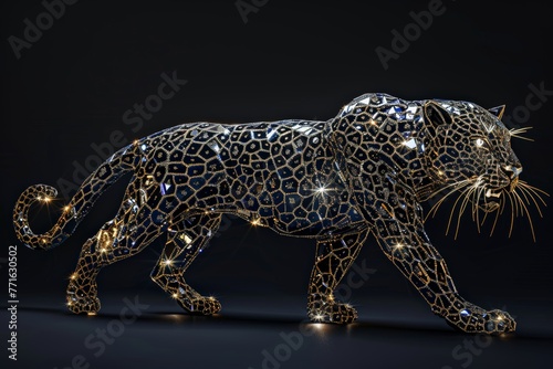 A Leopard sculpted from glistening diamonds  showcasing intricate details and shimmering facets
