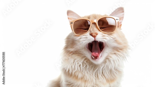funny laughing sitting white brown cat, with sun glasses, cut out on white background