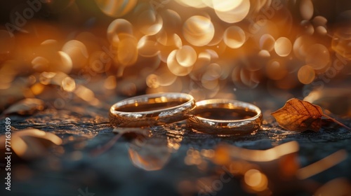Two gold wedding ring on bokeh background. photo