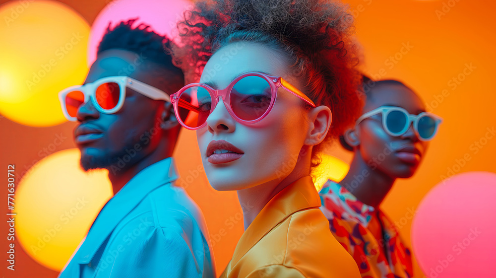 Three stylish young people wearing trendy outfits and colorful sunglasses, posing in front of neon lights.