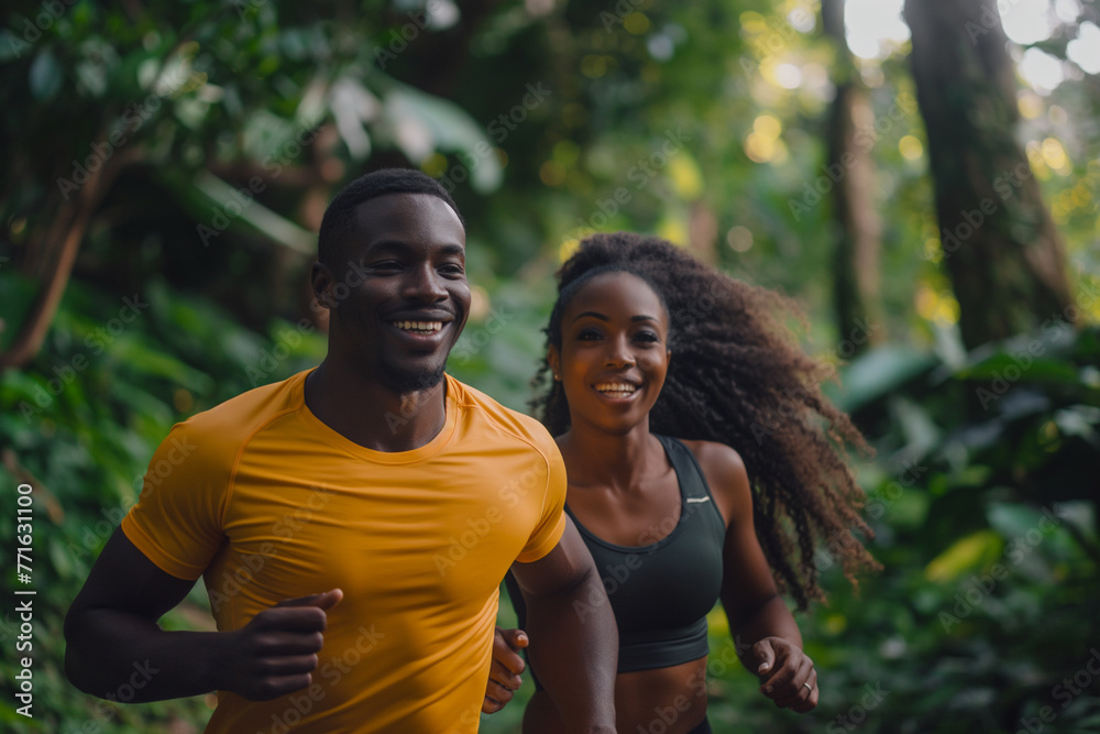 A healthy couple smiling while jogging in a park, surrounded by lush greenery and trees, enjoying their active lifestyle together. A healthy couple smiling while jogging in a park, surrounded by lush greenery and trees, enjoying their active lifestyle together.