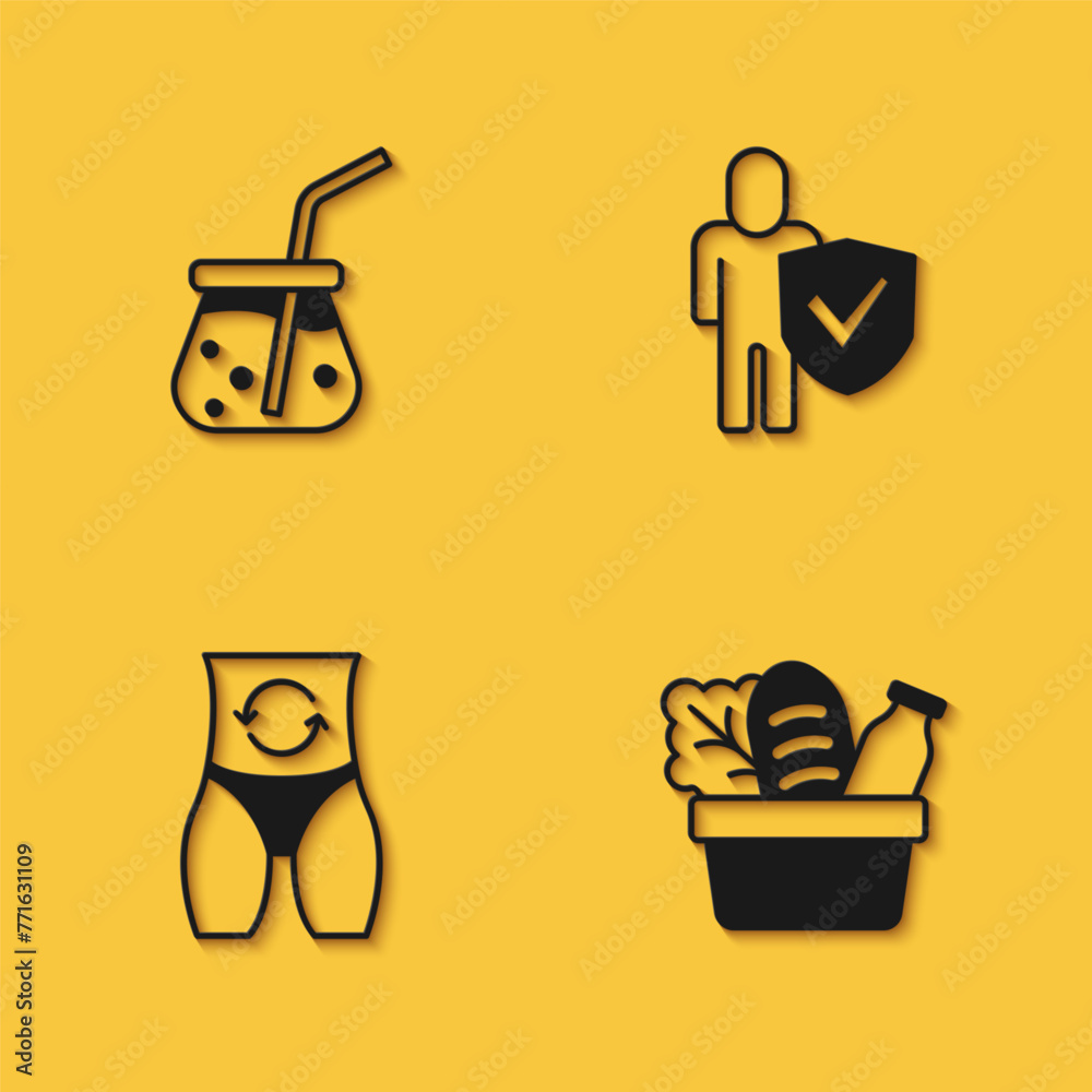 Set Fresh smoothie, Shopping bag and food, Metabolism and Healthy lifestyle icon with long shadow. Vector Set Fresh smoothie, Shopping bag and food, Metabolism and Healthy lifestyle icon with long shadow. Vector