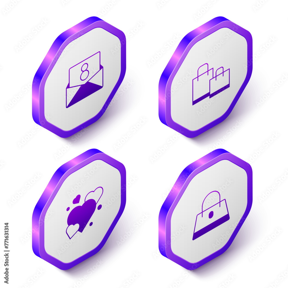 Set Isometric Envelope with 8 March, Paper shopping bag, Heart and Handbag icon. Purple hexagon button. Vector Set Isometric Envelope with 8 March, Paper shopping bag, Heart and Handbag icon. Purple hexagon button. Vector
