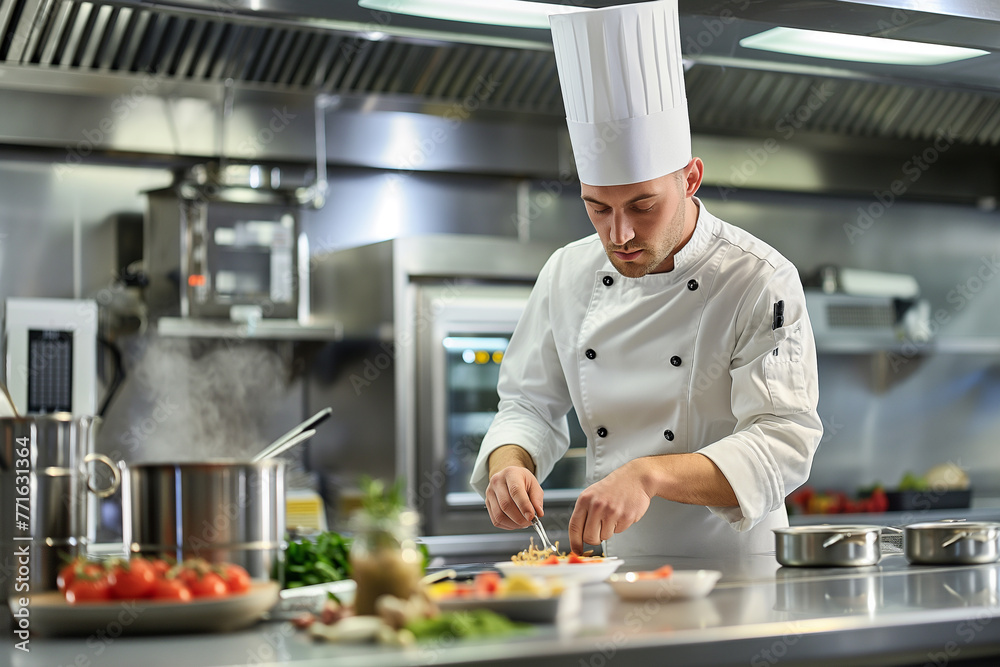 A skilled chef expertly crafts a gourmet dish in a sleek, contemporary kitchen, surrounded by stainless steel appliances and fresh ingredients A skilled chef expertly crafts a gourmet dish in a sleek, contemporary kitchen, surrounded by stainless steel appliances and fresh ingredients