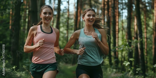Two women smiling and running in a forest enjoying a workout together in nature. Concept Summer Fitness, Active Lifestyle, Female Friends, Forest Workout, Joyful Running