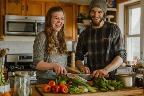 A smiling couple enjoying a healthy meal together, surrounded by fresh vegetables and nutritious food in a bright kitchen.