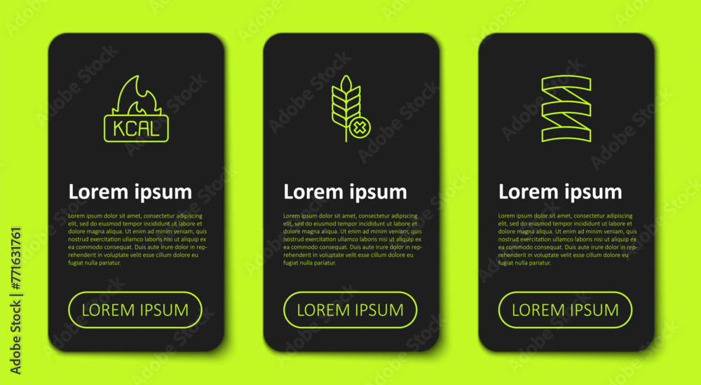 Set line Kcal, Gluten free grain and Sports nutrition proteine. Business infographic template. Vector