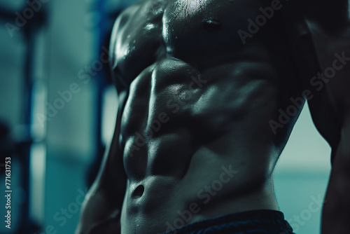 Close-up of the abdominal muscles young man athlete in gym.