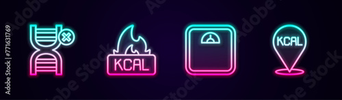 Set line No GMO, Kcal, Bathroom scales and . Glowing neon icon. Vector © Iryna