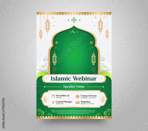 Green Islamic Seminar and Webinar A4 Poster Flyer Design Template for Islamic Teaching and Lecturing	
