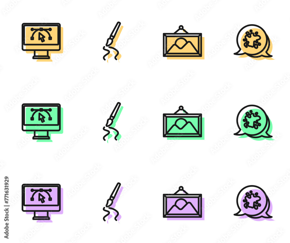Set line Picture landscape, Computer with design program, Paint brush and spray icon. Vector Set line Picture landscape, Computer with design program, Paint brush and spray icon. Vector