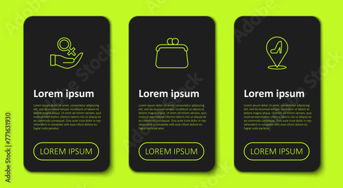 Set line Female gender symbol, Handbag and Woman shoe. Business infographic template. Vector