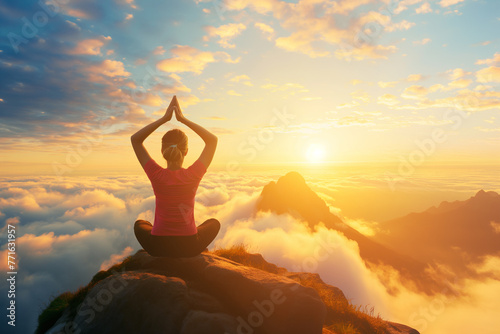 A fit young woman practicing yoga on a grassy field at sunrise, stretching and meditating in peaceful surroundings, promoting health and wellness.