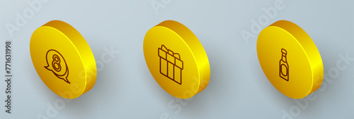 Set Isometric line 8 March in speech bubble, Gift box and heart and Champagne bottle icon. Vector