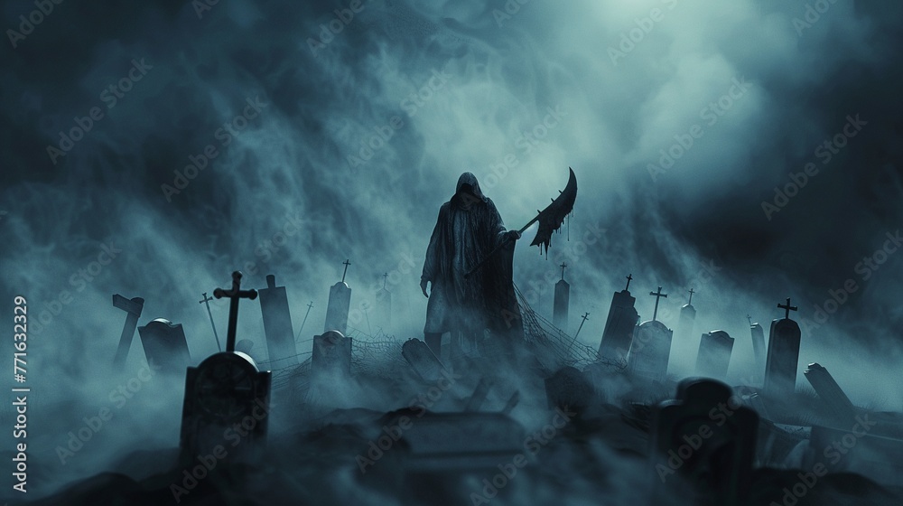 Grim Reapers and Tombstones Create a pattern featuring grim reapers holding scythes and looming over rows of tombstones Add eerie mist and swirling fog for a haunting atmosphere , 3D render - obrazy, fototapety, plakaty 