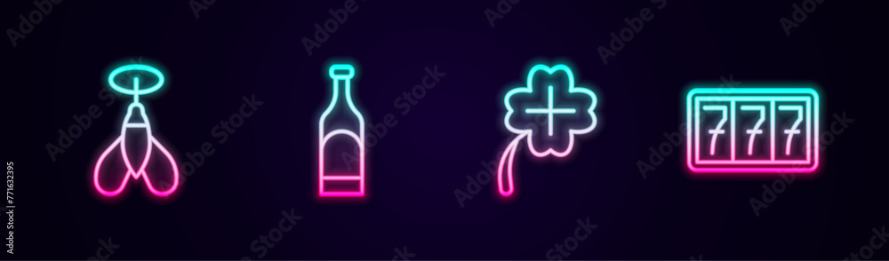 Set line Dart arrow, Bottle of wine, Casino slot machine with clover and Slot jackpot. Glowing neon icon. Vector Set line Dart arrow, Bottle of wine, Casino slot machine with clover and Slot jackpot. Glowing neon icon. Vector