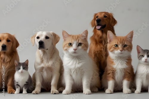 Group of pets posing around a border collie; dog, cat, ferret, r 