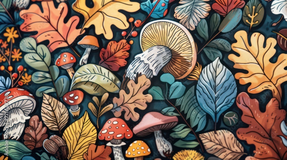 Colorful illustration of various mushrooms and leaves in an intricate autumn themed pattern, depicting the richness of a forest floor.
